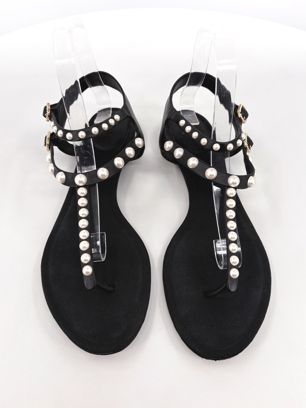CHANEL Black Leather Pearl T-Strap Flat Thong Sandals 41 - Picture 3 of 15
